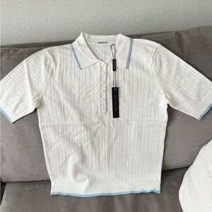 NWT Elie Tahari White Ribbed Polo Tee with Light Blue Collar Trim S